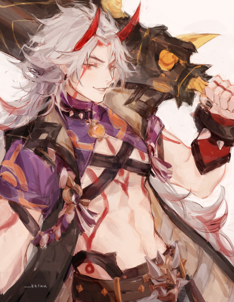 1boy, abs, arataki_itto, artist_name, bangs, belt, body_markings, earrings