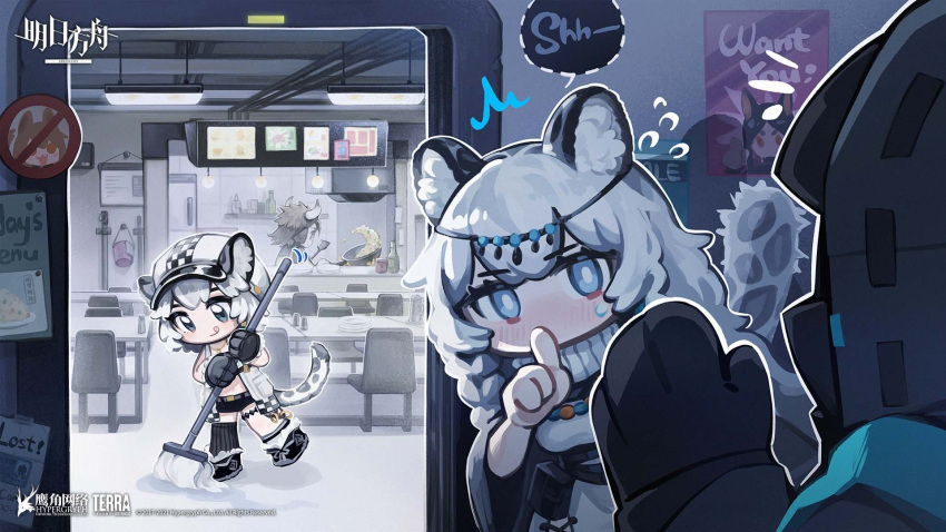 1boy, 1other, 2girls, :q, ambiguous_gender, animal_ears, arknights, artist_request