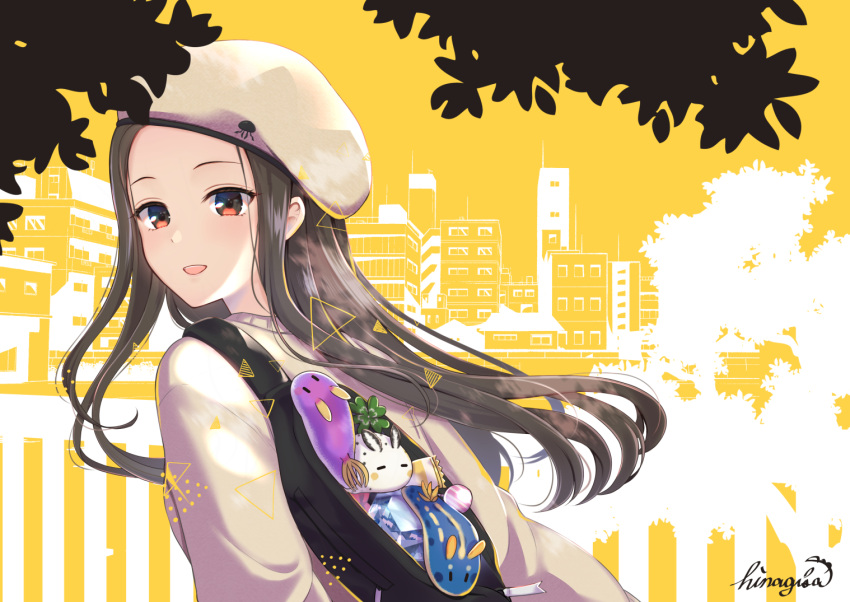 1girl, artist_name, backpack, bag, black_hair, building, cityscape, hat, hinagisa_yaya, long_hair, long_sleeves, looking_at_viewer, original, outdoors, railing, sea_slug, stuffed_animal, stuffed_toy, upper_body, white_headwear, white_sweatshirt, yellow_background