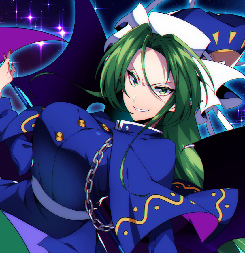 1girl, bangs, black_background, blue_capelet, blue_dress, blue_headwear, breasts, capelet