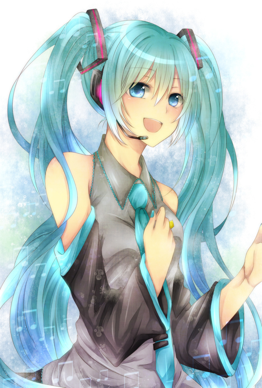 akiduki_kozue, aqua_hair, bad_id, blue_eyes, detached_sleeves, hatsune_miku, headset, highres