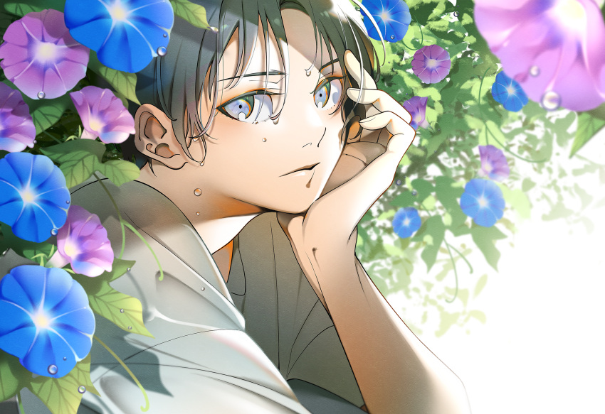 1boy, absurdres, black_hair, blue_eyes, day, flower, highres, male_focus
