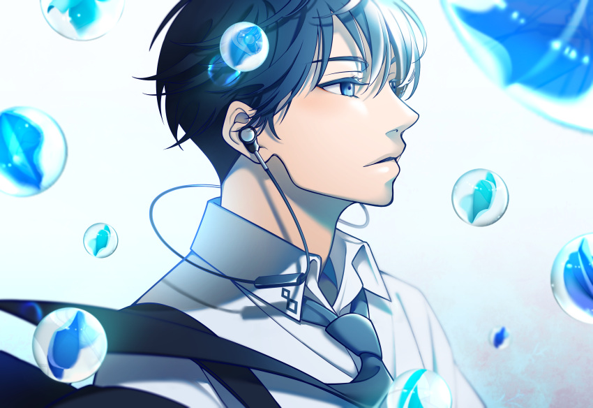 1boy, absurdres, black_hair, black_neckwear, blue_eyes, earphones, earphones, highres