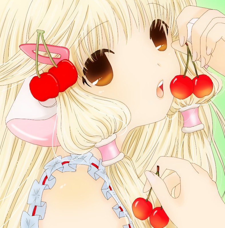 1girl, android, anime_coloring, bangs, blonde_hair, brown_eyes, cherry, cherry_hair_ornament, chii, chobi_(chan_key), chobits, close-up, commentary_request, eating, eyebrows_visible_through_hair, food, food-themed_hair_ornament, frills, fruit, green_background, hair_ornament, hairclip, hand_up, holding, holding_food, holding_fruit, long_hair, looking_at_viewer, open_mouth, partial_commentary, red_ribbon, ribbon, ribbon_trim, robot_ears, sidelocks, solo
