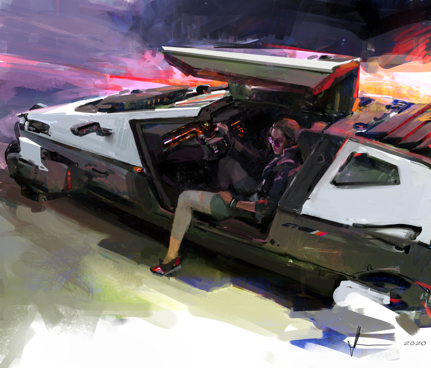 1girl, absurdres, brown_hair, car, dark-skinned_female, dark_skin, ground_vehicle, gullwing_doors