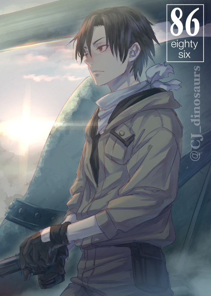 1000dragon, 1boy, 86_-eightysix-, black_gloves, black_hair, brown_jacket, copyright_name, day