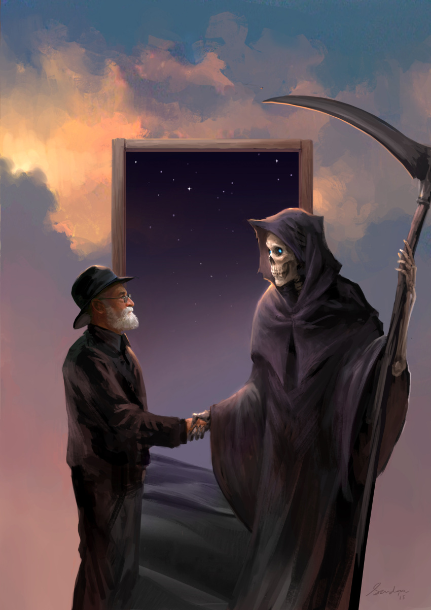 2boys, absurdres, beard, blue_eyes, clouds, commentary, death_(discworld), death_(entity), desert, discworld, door, doorway, english_commentary, facial_hair, glasses, handshake, hat, highres, hood, male_focus, multiple_boys, photoshop_(medium), revision, robe, sand, sandara, scythe, signature, skeleton, skull, sky, star_(sky), star_(symbol), starry_sky, terry_pratchett, weapon