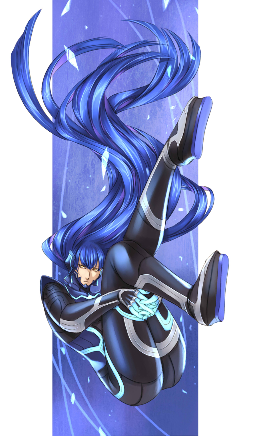 1boy, androgynous, armor, ass, bangs, bodysuit, collarbone, eyelashes