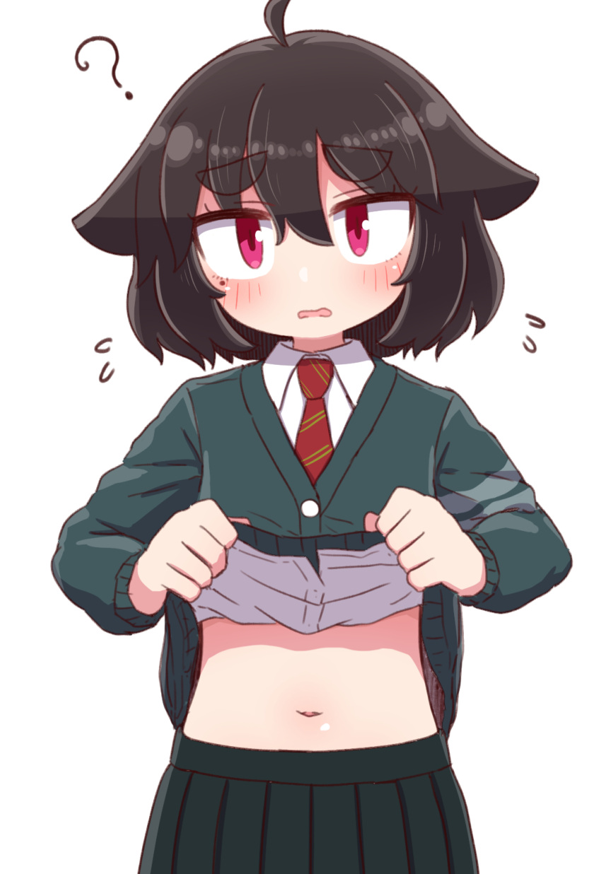 1girl, ?, ahoge, bangs, black_cardigan, black_hair, black_skirt, blush