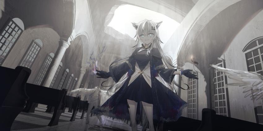 1girl, absurdres, animal_ear_fluff, animal_ears, arknights, bangs, black_dress, black_gloves