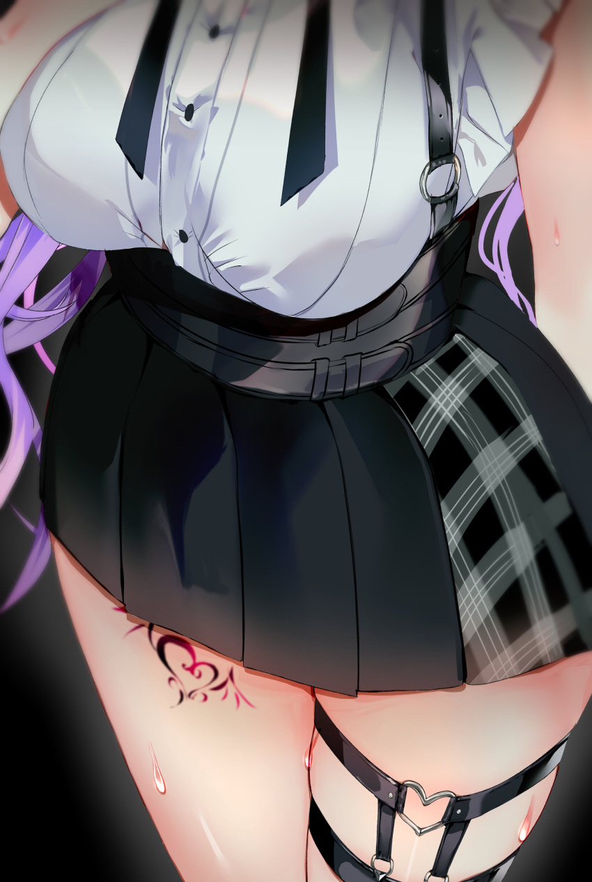 absurdres, black_background, black_skirt, breasts, curly_hair, head_out_of_frame, high-waist_skirt, highres