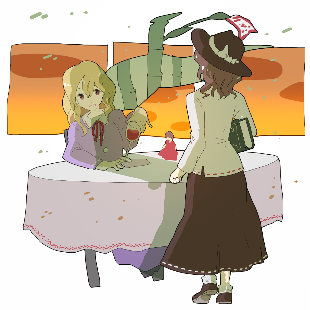 2girls, black_skirt, blonde_hair, book, bow, brown_hair, buttons, changeability_of_strange_dream