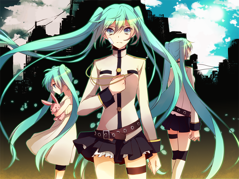 aqua_hair, bunny, dress, hatsune_miku, long_hair, multiple_persona, ponjiritsu, rabbit