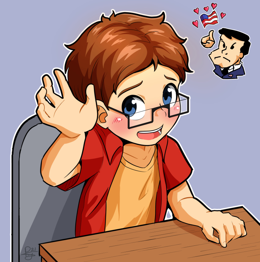 1boy, american_dad!, american_flag, blue_background, blue_eyes, commentary, desk, english_commentary