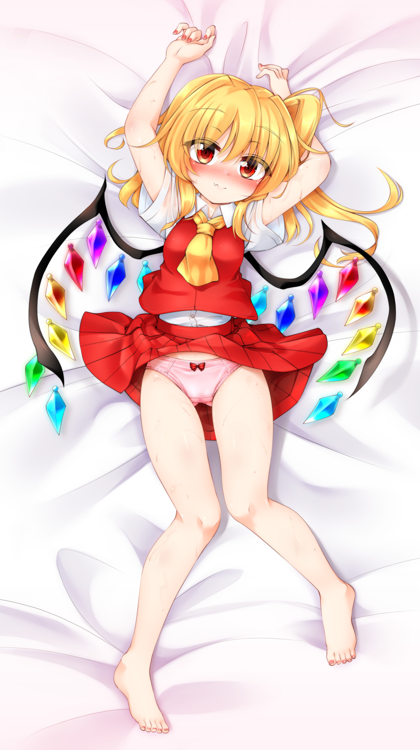1girl, absurdres, arms_up, ascot, bangs, barefoot, bed, blonde_hair