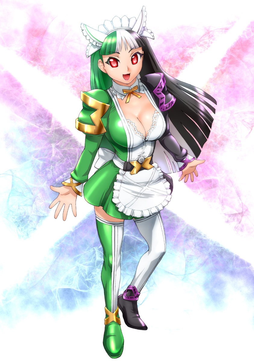 apron, belt, breasts, cleavage, genderswap, green_hair, highres, kamen_rider