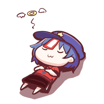 1girl, :3, bangs, black_skirt, blue_hair, cabbie_hat, chibi, chinese_clothes, commentary_request, dorua_(dollar), hat, lowres, miyako_yoshika, ofuda, purple_headwear, red_shirt, shirt, short_hair, short_sleeves, simple_background, skirt, sleeping, solo, tangzhuang, touhou, white_background