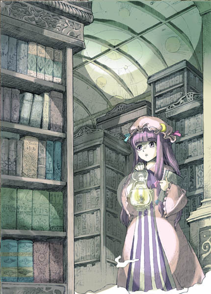 blunt_bangs, book, bookshelf, crescent, hat, kuronekokan_monpetit, lantern, library