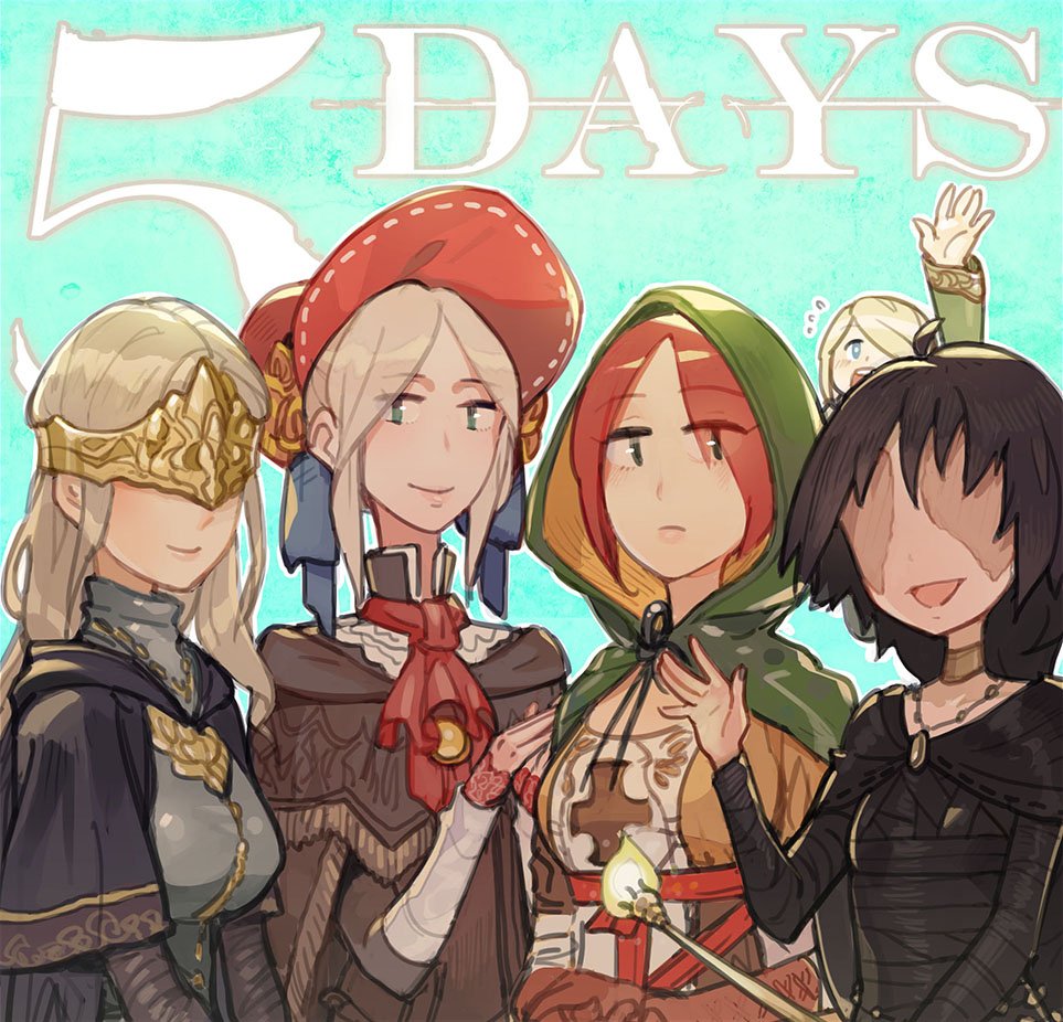 5girls, anastacia_of_astora, black_hair, blonde_hair, bloodborne, blue_eyes, bonet, cape