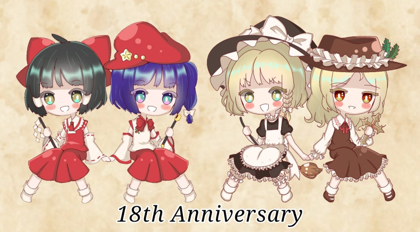 4girls, apron, ascot, black_dress, black_hair, blonde_hair, blue_eyes, blue_hair