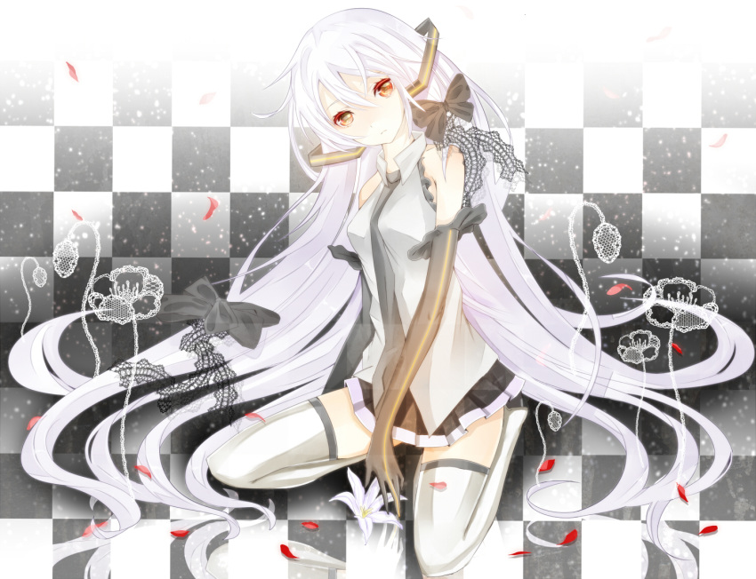 albino, alternate_color, bad_id, bow, checkered, checkered_background, elbow_gloves, flower