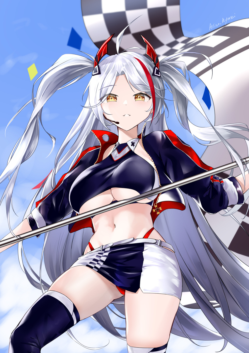1girl, absurdres, arino_ayarei, azur_lane, blue_sky, breasts, crop_top, cropped_shirt