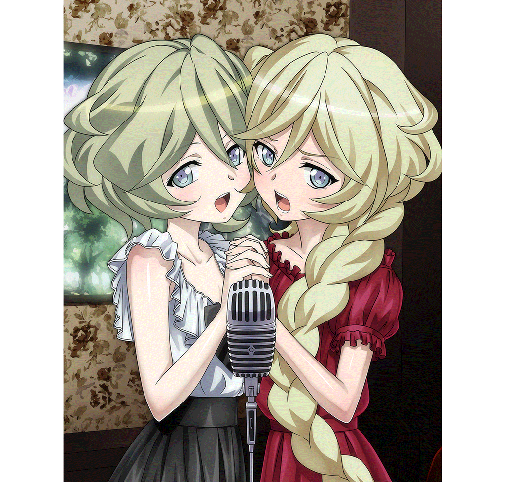 2girls, artist_name, blonde_hair, blue_eyes, blush, braid, braided_ponytail, breasts