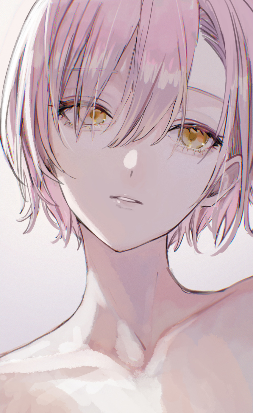 1girl, bangs, collarbone, eyelashes, facing_viewer, hair_over_one_eye, highres, jack_jeanne, looking_away, magako, nude, parted_lips, pink_hair, portrait, short_hair, simple_background, solo, tachibana_kisa, yellow_eyes