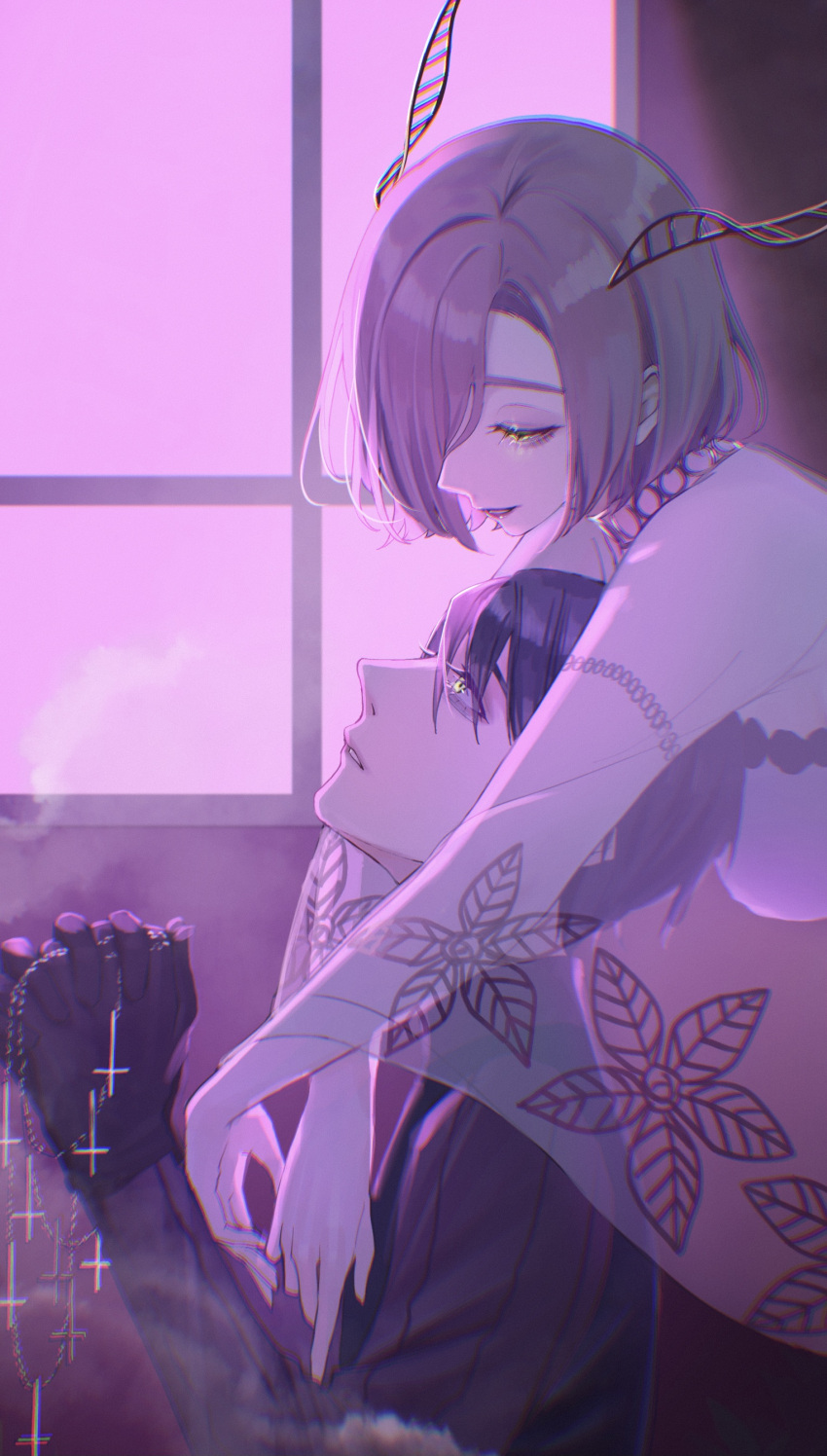 1boy, 1girl, absurdres, antennae, bags_under_eyes, black_gloves, black_hair, breasts, character_request, cross, eyelashes, from_side, gloves, hair_over_one_eye, highres, holding, jack_jeanne, jewelry, looking_down, looking_to_the_side, looking_up, magako, makeup, mascara, necklace, one_eye_covered, own_hands_clasped, own_hands_together, parted_lips, praying, profile, purple_hair, purple_theme, rosary, see-through, short_hair, smoke, tachibana_kisa, window, yellow_eyes