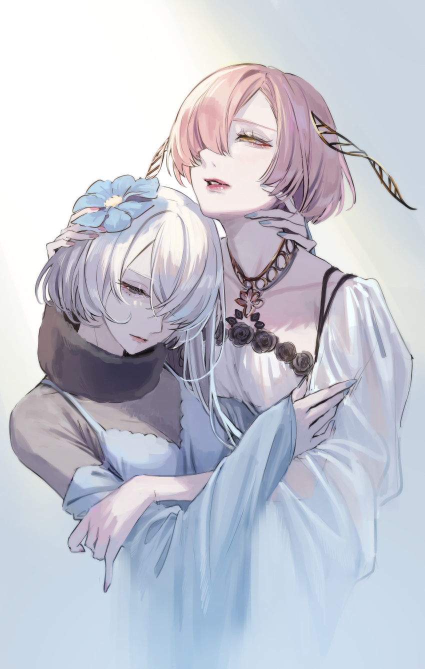 2girls, absurdres, antennae, black_flower, black_rose, blue_dress, blue_nails, detached_collar