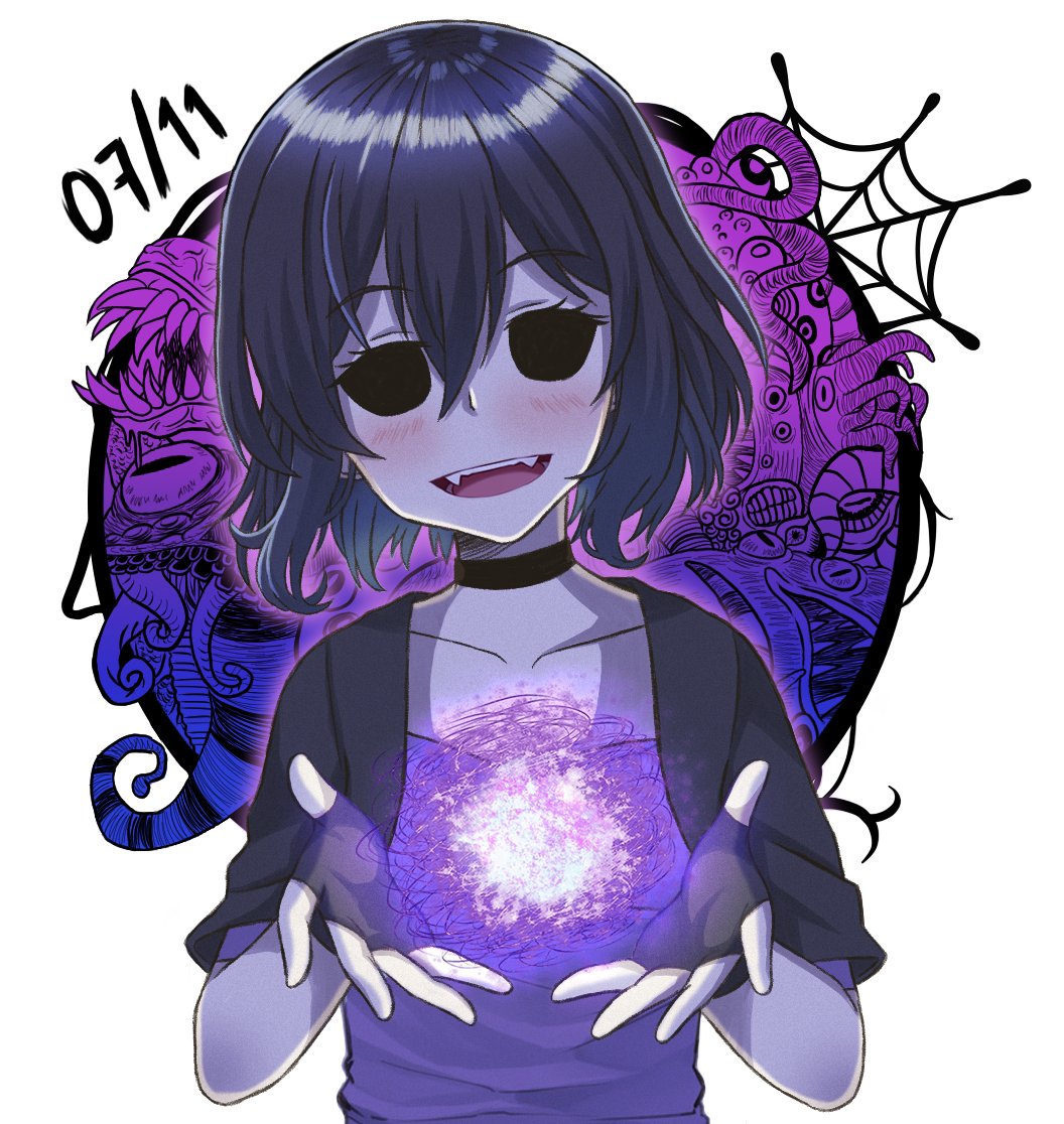 1girl, black_choker, black_gloves, black_hair, black_sclera, choker, collarbone, colored_sclera, cupping_hands, eldritch_abomination, fangs, fingerless_gloves, gloves, looking_at_viewer, open_mouth, original, short_hair, smile, solo, ximsol182