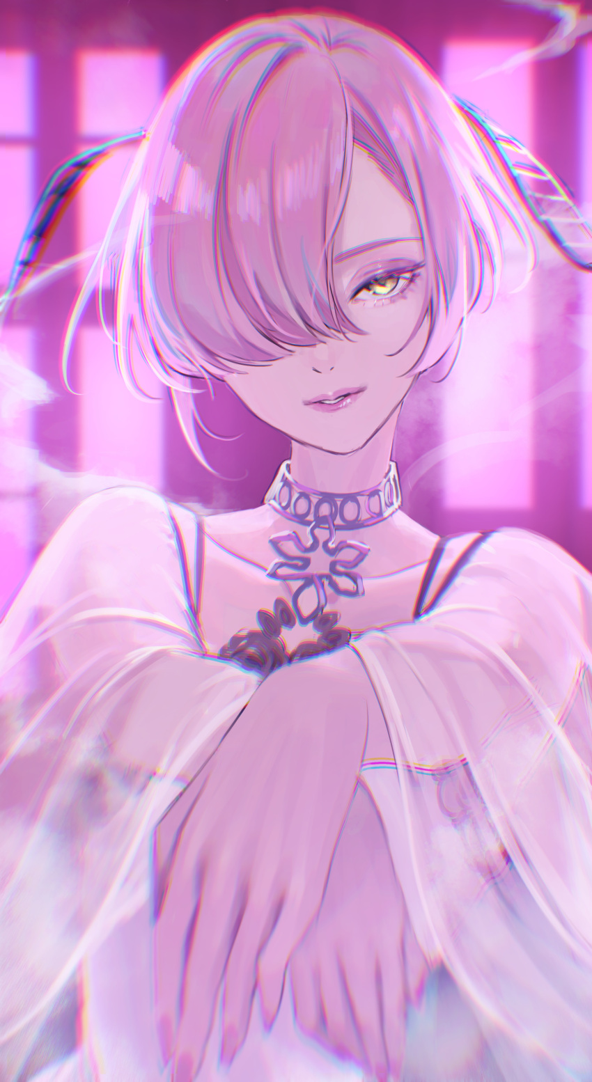 1girl, absurdres, antennae, blurry, depth_of_field, eyelashes, hair_over_one_eye, head_tilt
