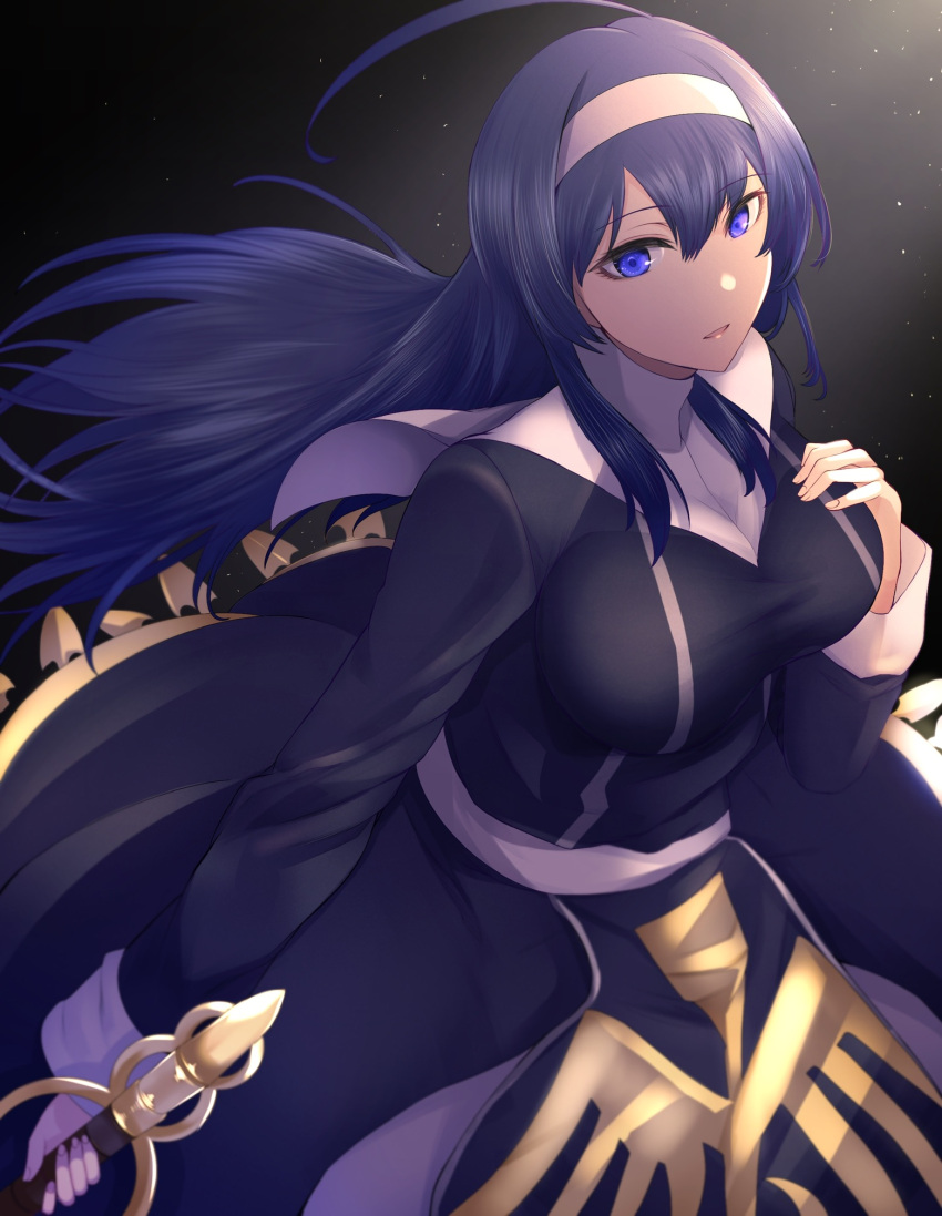1girl, ahoge, black_background, black_dress, blue_eyes, blue_hair, breasts, dress