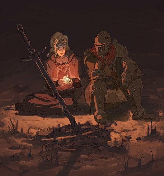 1boy, 1girl, armor, ashen_one_(dark_souls_3), blonde_hair, bonfire, bonfire_(dark_souls), covered_eyes