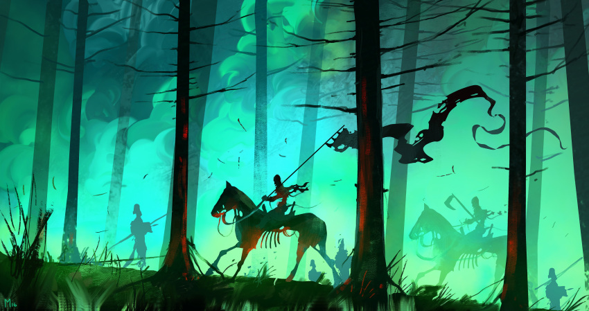 5others, absurdres, axe, bone, dominik_mayer, fantasy, forest, from_side
