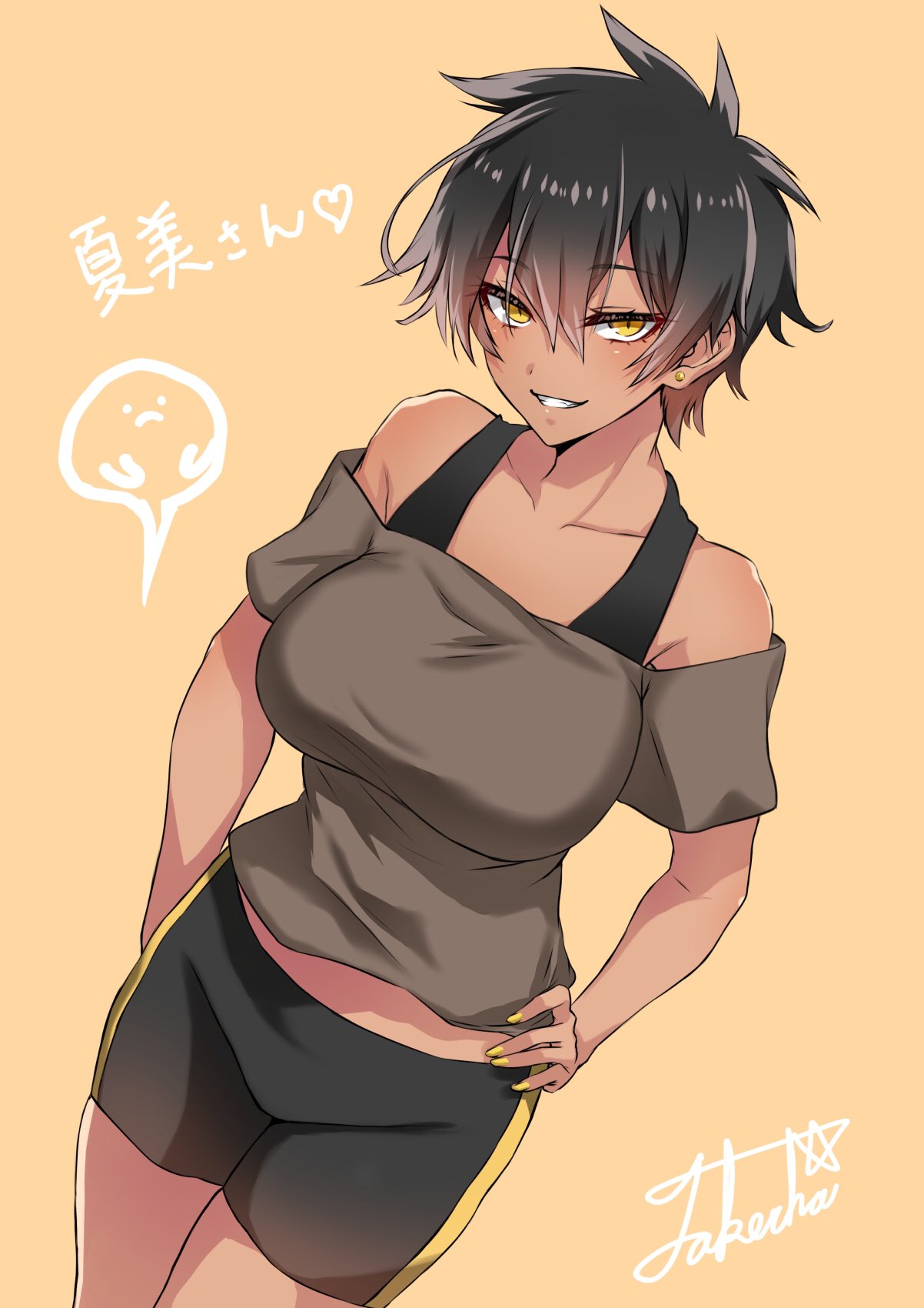 1girl, bare_shoulders, bike_shorts, black_hair, breasts, hands_on_hips, highres, kurobe_natsumi_(shiromanta)