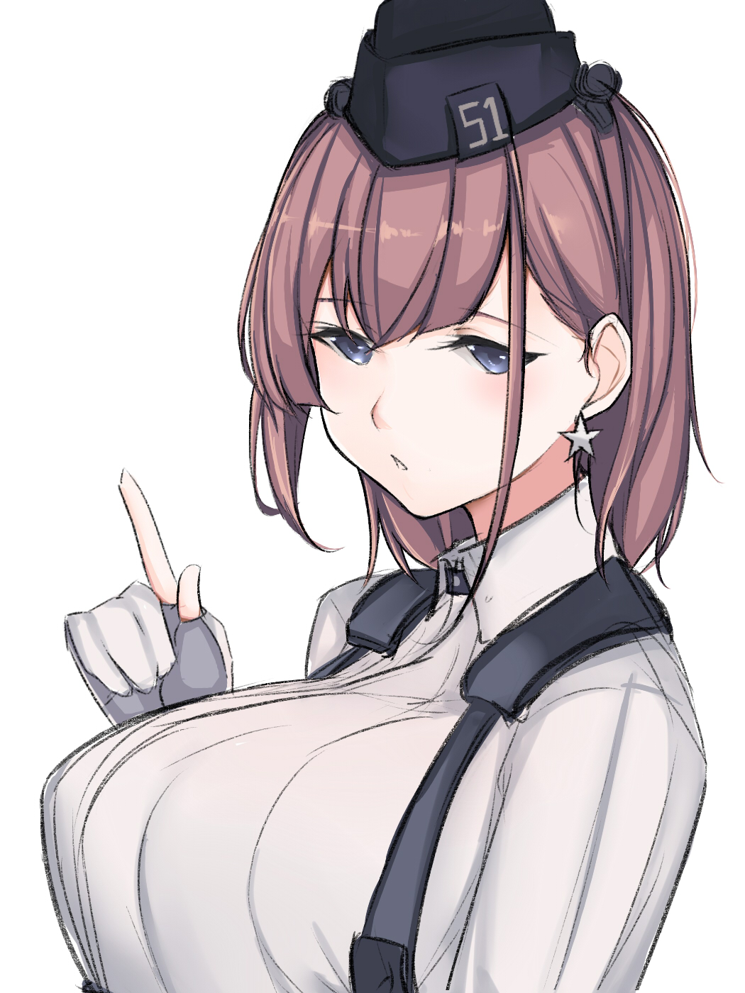 1girl, alternate_hair_length, alternate_hairstyle, atlanta_(kancolle), black_headwear, breasts, brown_hair, dress_shirt