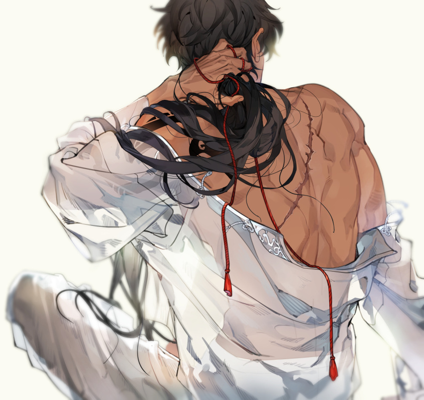 1boy, arm_at_side, arm_support, bare_back, bare_shoulders, black_hair, facing_away, from_behind
