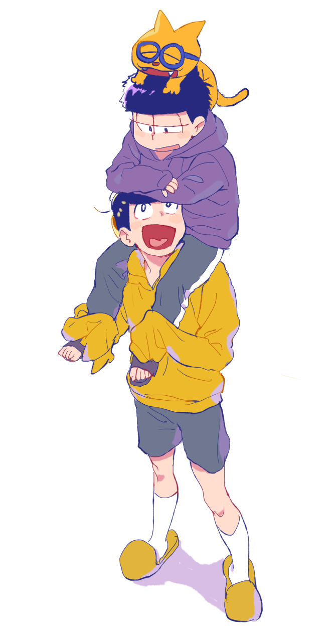 2boys, :d, ^_^, animal, animal_on_head, arm_rest, black_hair, blue-framed_eyewear