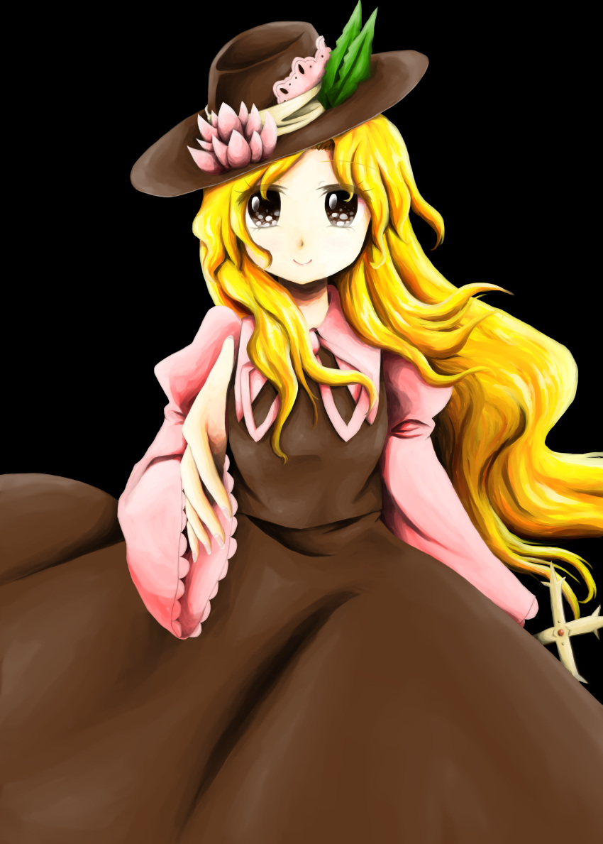 1girl, absurdres, black_background, black_eyes, blonde_hair, brown_headwear, brown_skirt, brown_vest, collared_shirt, cross, extra, frilled_hat, frills, hat, hat_feather, highres, holding, holding_cross, jacket_girl_(dipp), juliet_sleeves, kitsuzue_mika, long_hair, long_sleeves, puffy_sleeves, shirt, simple_background, skirt, touhou, very_long_hair, vest, wavy_hair