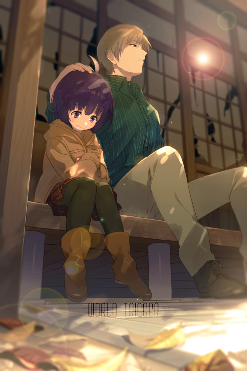 1boy, 1girl, ahoge, amatori_chika, amatori_rinji, bangs, black_footwear, black_hair, black_legwear, blurry, bob_cut, bokeh, boots, brother_and_sister, brown_coat, brown_footwear, brown_hair, coat, collared_shirt, day, depth_of_field, echo_(circa), green_shirt, hand_on_another's_head, headpat, leaf, looking_away, looking_down, miniskirt, pants, pantyhose, porch, purple_hair, red_skirt, sad, shirt, shoes, short_hair, siblings, side-by-side, sitting, skirt, violet_eyes, world_trigger