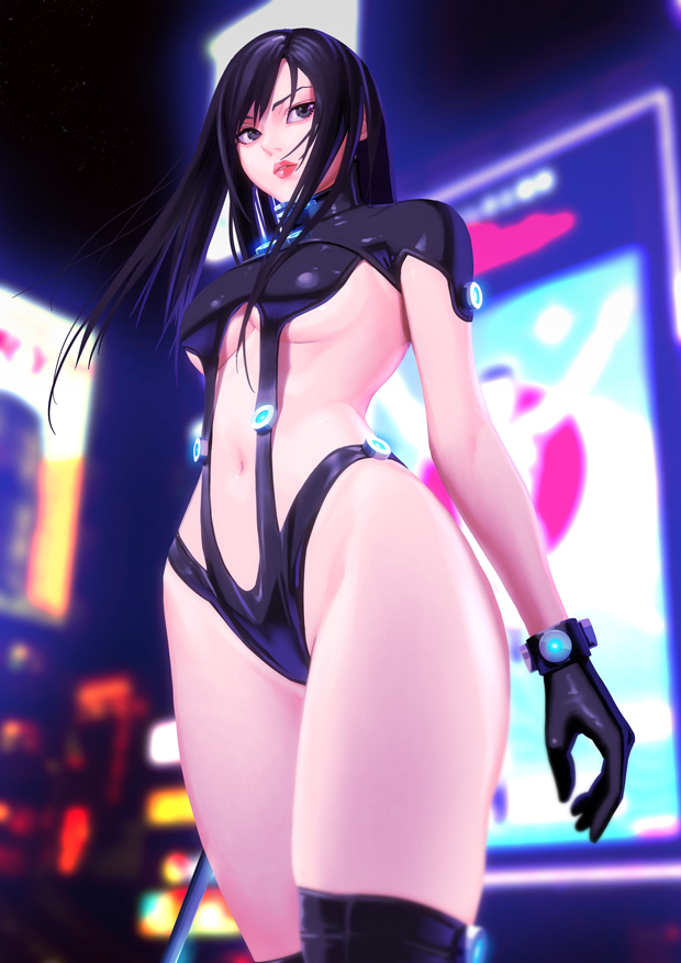 1girl, bangs, black_bodysuit, black_eyes, black_gloves, black_hair, black_legwear, blurry, blurry_background, bodysuit, breasts, commentary, derivative_work, doutonbori, gantz, gantz_suit, gloves, highleg, highleg_panties, latex, latex_bodysuit, lips, long_hair, looking_to_the_side, medium_breasts, midriff, navel, osaka_(city), outdoors, panties, ryohhe, shimohira_reika, skin_tight, solo, standing, thigh-highs, thighs, under_boob, underwear