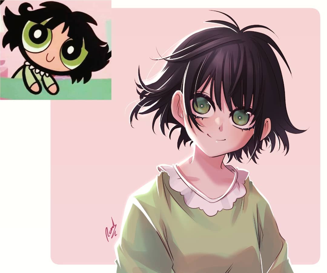 1girl, antenna_hair, backlighting, big_eyes, black_hair, buttercup_(ppg), buttercup_redraw_challenge, collar