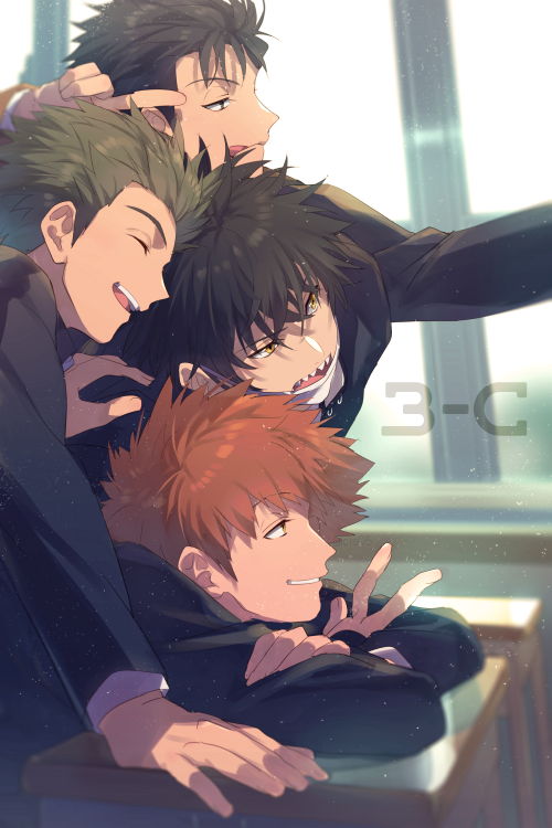 4boys, :q, ^_^, bangs, black_eyes, black_hair, blazer, brown_hair, classroom, closed_eyes, day, dutch_angle, echo_(circa), from_side, grin, hokari_atsushi, indoors, jacket, kageura_masato, laughing, light_particles, long_sleeves, mask, mizukami_satoshi_(world_trigger), mouth_mask, multiple_boys, murakami_kou, outstretched_arm, pointing, profile, redhead, school_uniform, sharp_teeth, smile, spiky_hair, table, taking_picture, teeth, tongue, tongue_out, v, world_trigger