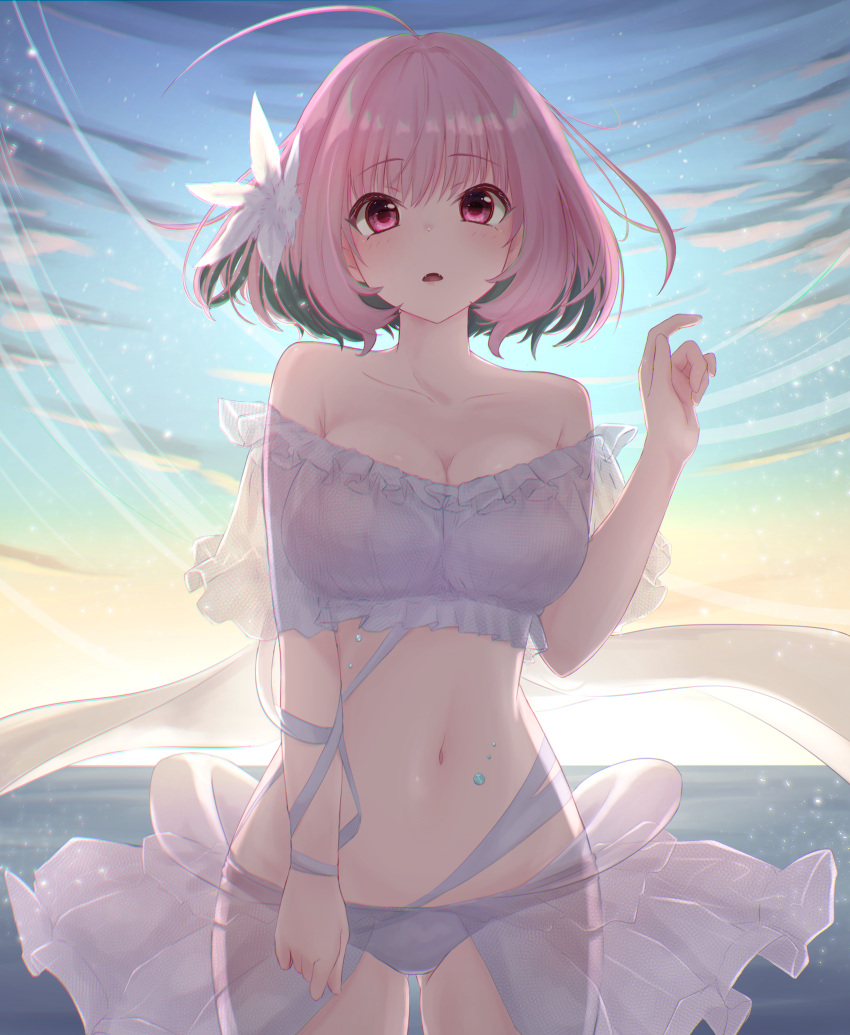 1girl, :o, absurdres, ahoge, bikini, bra, breasts, collarbone, cowboy_shot, eyebrows_visible_through_hair, fangs, flower, frilled_bikini, frills, hair_flower, hair_ornament, hand_up, highres, horizon, idolmaster, idolmaster_cinderella_girls, kamiyaminatsu, large_breasts, light_particles, looking_at_viewer, midriff, navel, ocean, off_shoulder, outdoors, pink_hair, short_hair, solo, strapless, strapless_bra, sunlight, swimsuit, underwear, yumemi_riamu