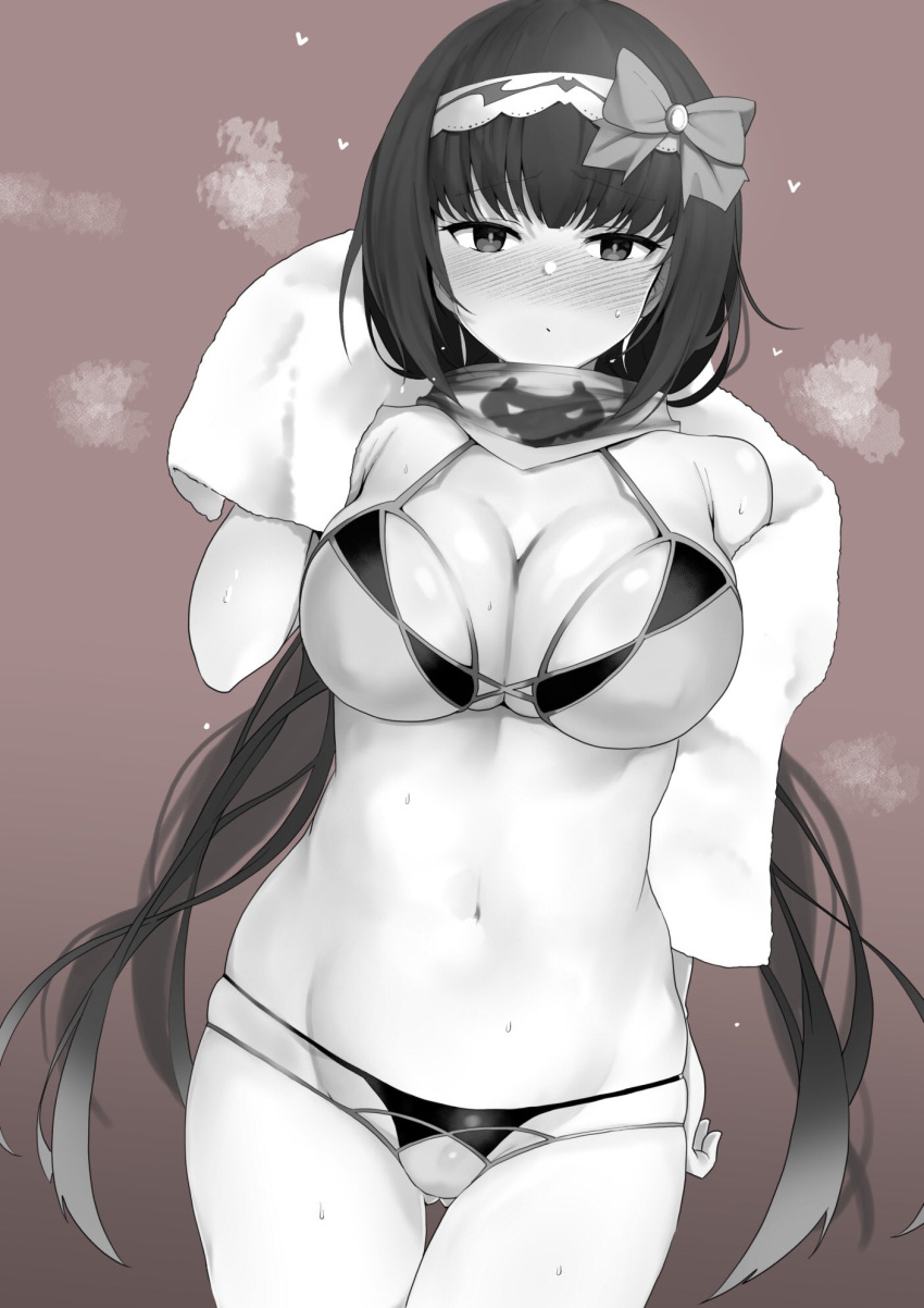 1girl, bikini, blush, breasts, fate/grand_order, fate_(series), hairband, heart