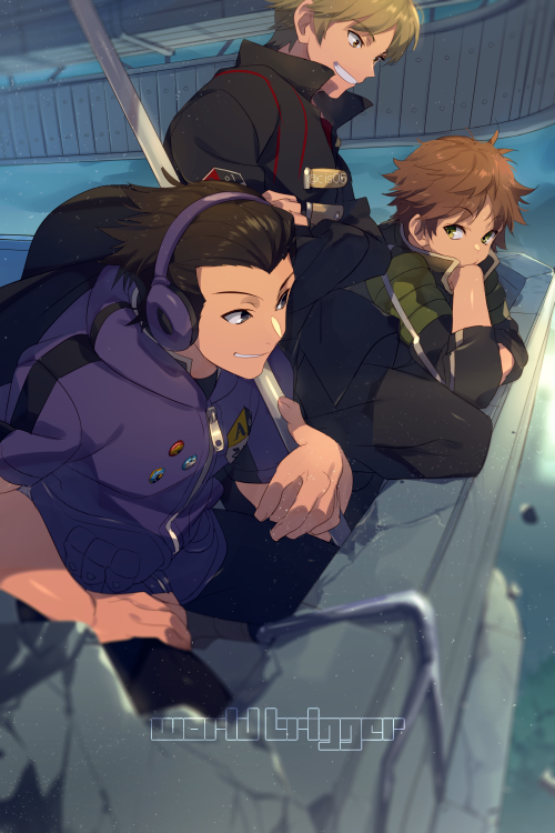 3boys, black_coat, black_hair, blonde_hair, blurry, brown_hair, building, carrying_over_shoulder