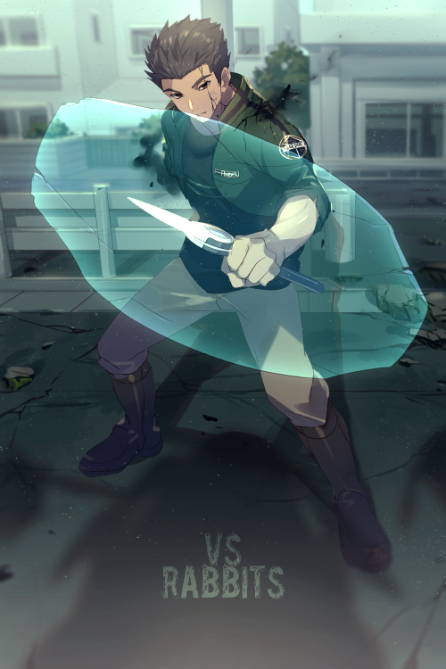 1boy, amputee, boots, brown_hair, cracked_skin, cropped_jacket, echo_(circa), fighting_stance