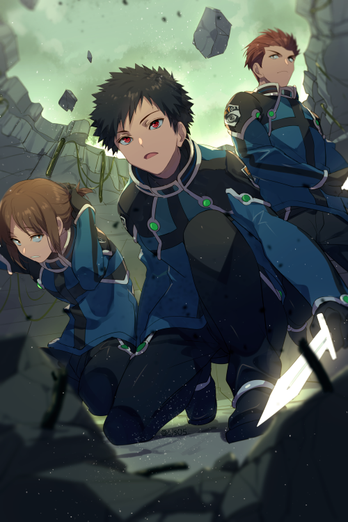 3boys, arms_behind_head, black_hair, blurry, debris, depth_of_field, destruction, dutch_angle