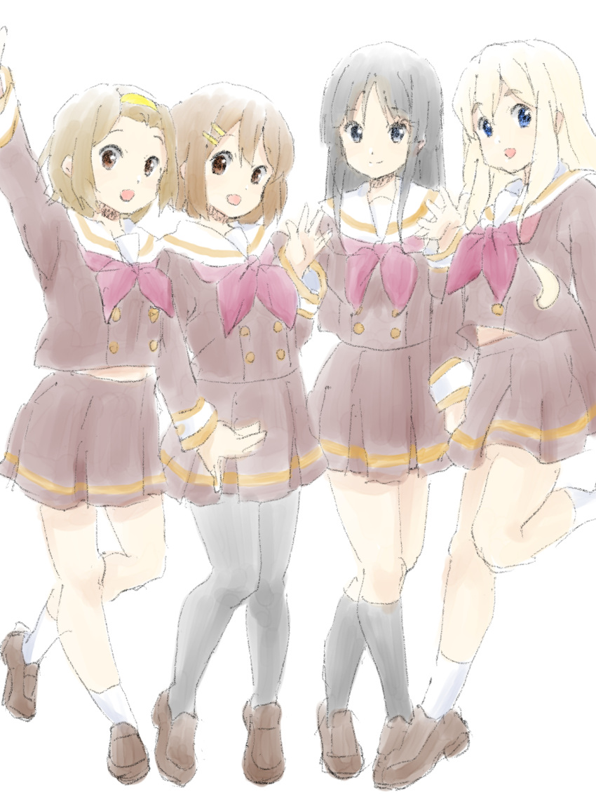 4girls, :d, akiyama_mio, bangs, black_hair, black_legwear, blonde_hair, blue_eyes